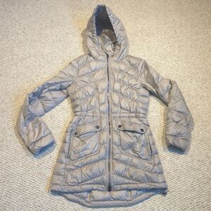 Athleta Uptown Down Puffer Jacket Womens XXS Taupe Hooded Pockets Full Zip